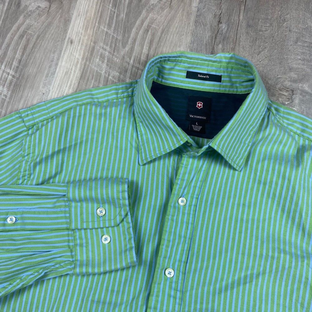 Victorinox‎ Shirt Mens Size Large Green Stripe Cotton Nylon Blend Lightweight